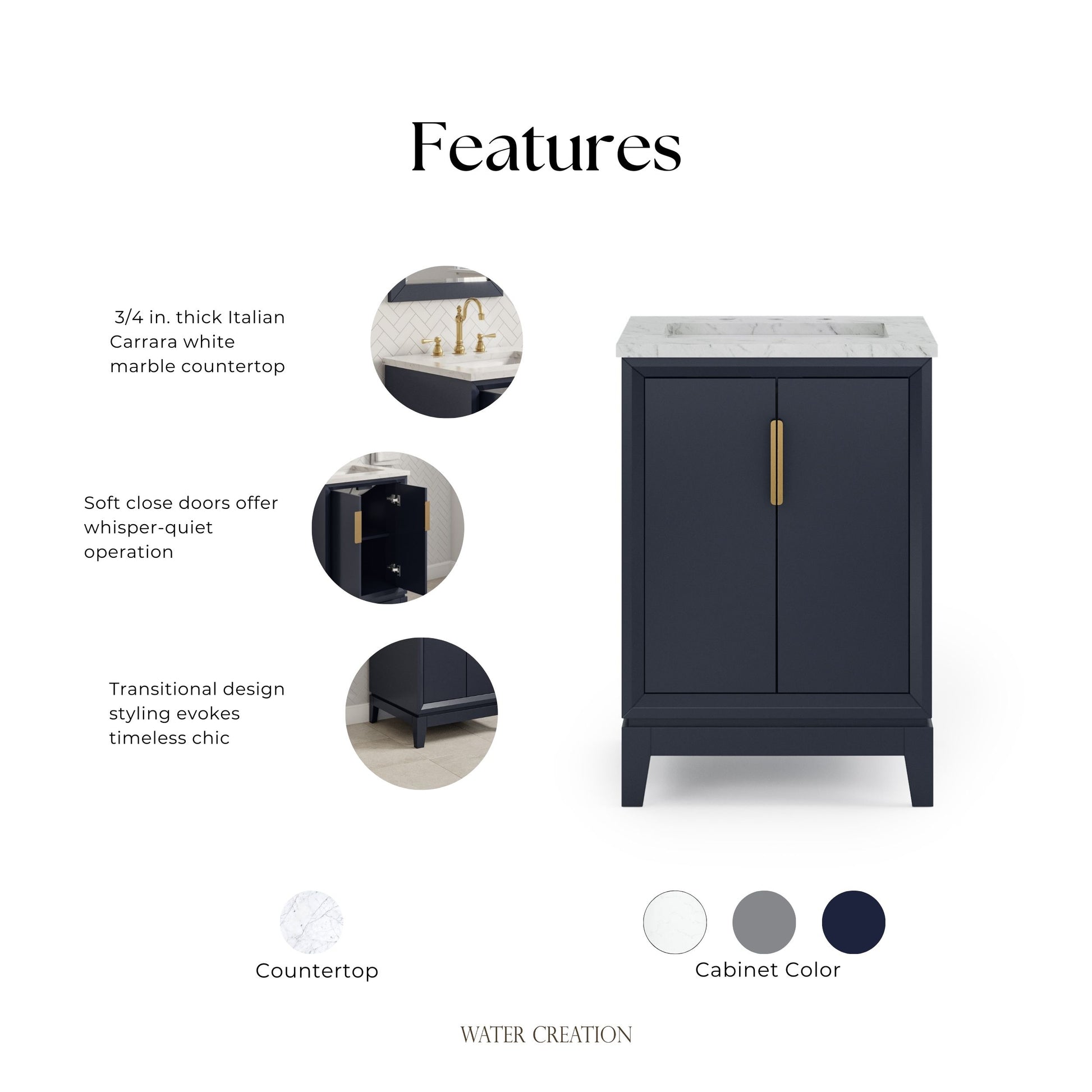 Elizabeth Collection 24 in. Bath Vanity in Monarch Blue With Vanity Top in Carrara White Marble - Vanity Only | Water Creation