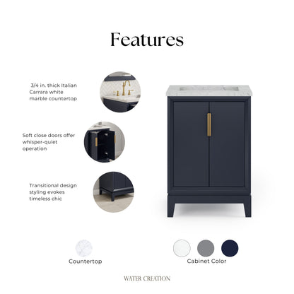 Elizabeth Collection 24 in. Bath Vanity in Monarch Blue With Vanity Top in Carrara White Marble - Vanity Only | Water Creation