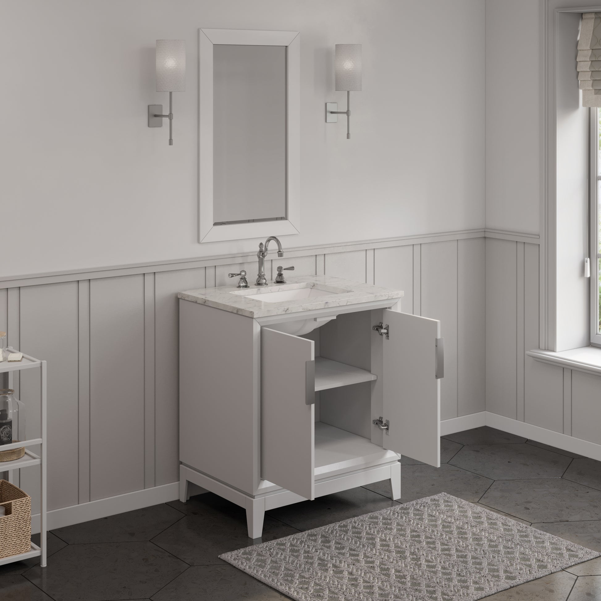 Elizabeth Collection 30 in. Bath Vanity in Pure White With Vanity Top in Carrara White Marble - Vanity Only | Water Creation