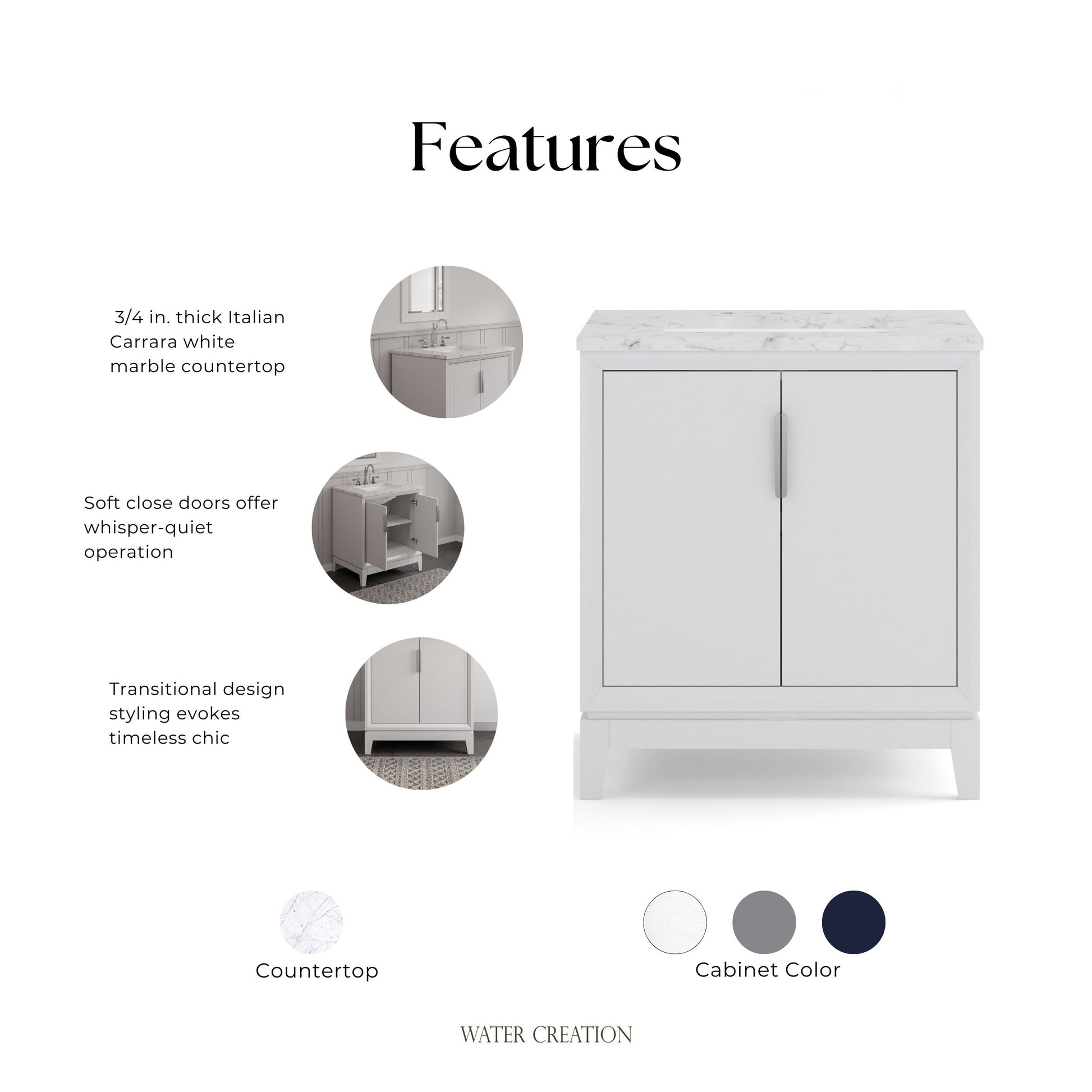 Elizabeth Collection 30 in. Bath Vanity in Pure White With Vanity Top in Carrara White Marble - Vanity Only | Water Creation