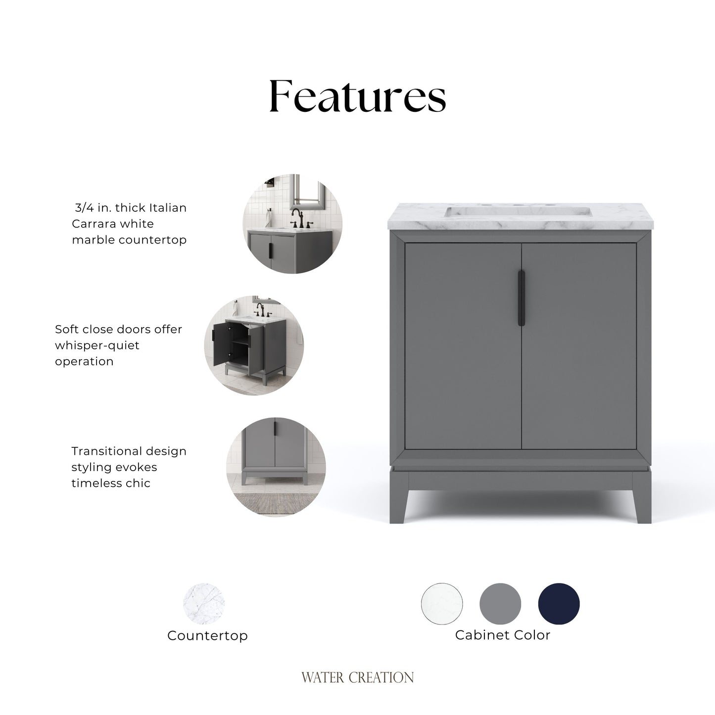 Elizabeth Collection 30 in. Bath Vanity in Cashmere Grey With Vanity Top in Carrara White Marble - Vanity Only | Water Creation