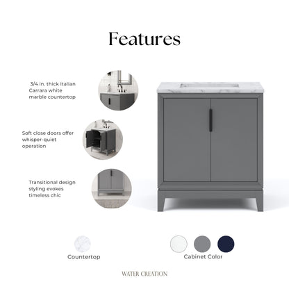Elizabeth Collection 30 in. Bath Vanity in Cashmere Grey With Vanity Top in Carrara White Marble - Vanity Only | Water Creation