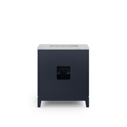 Elizabeth 30 in. Bath Vanity in Monarch Blue with Carrara White Marble Vanity Top with Ceramics White Basins | Water Creation