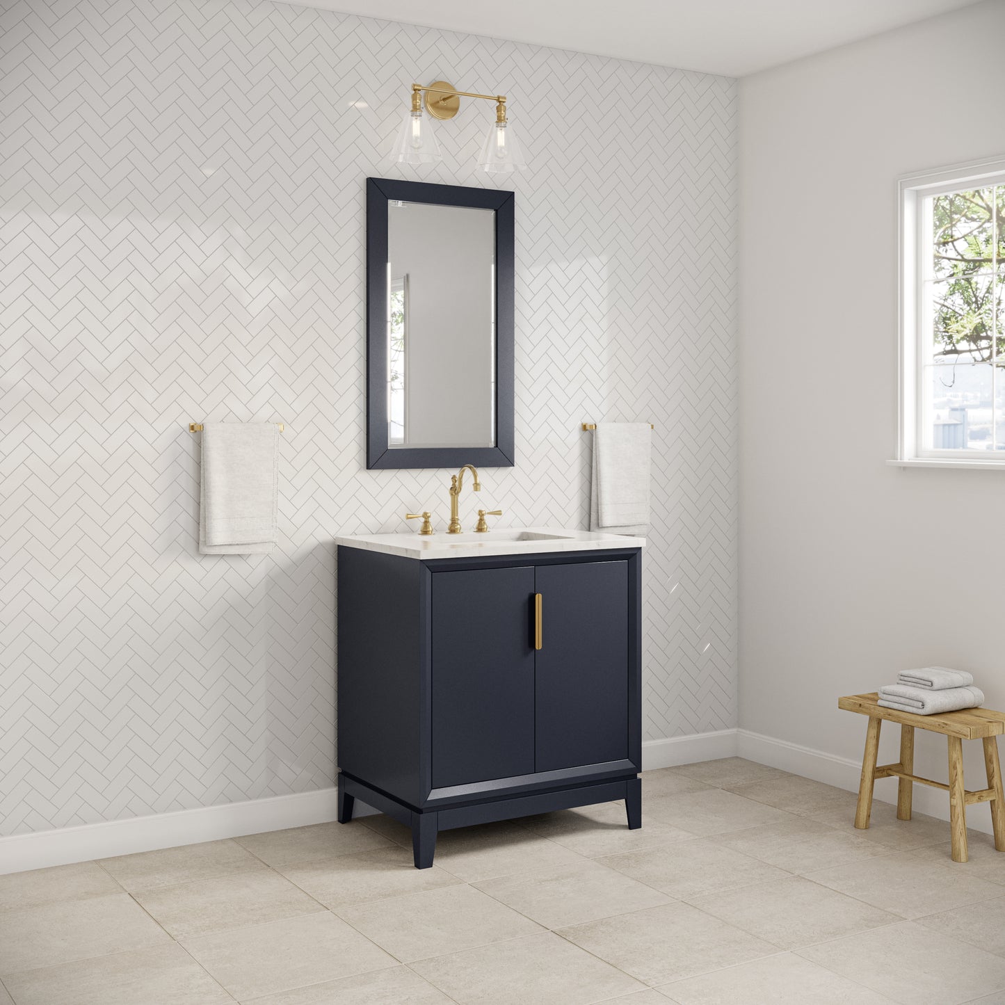 Elizabeth 30 in. Bath Vanity in Monarch Blue with Carrara White Marble Vanity Top with Ceramics White Basins | Water Creation