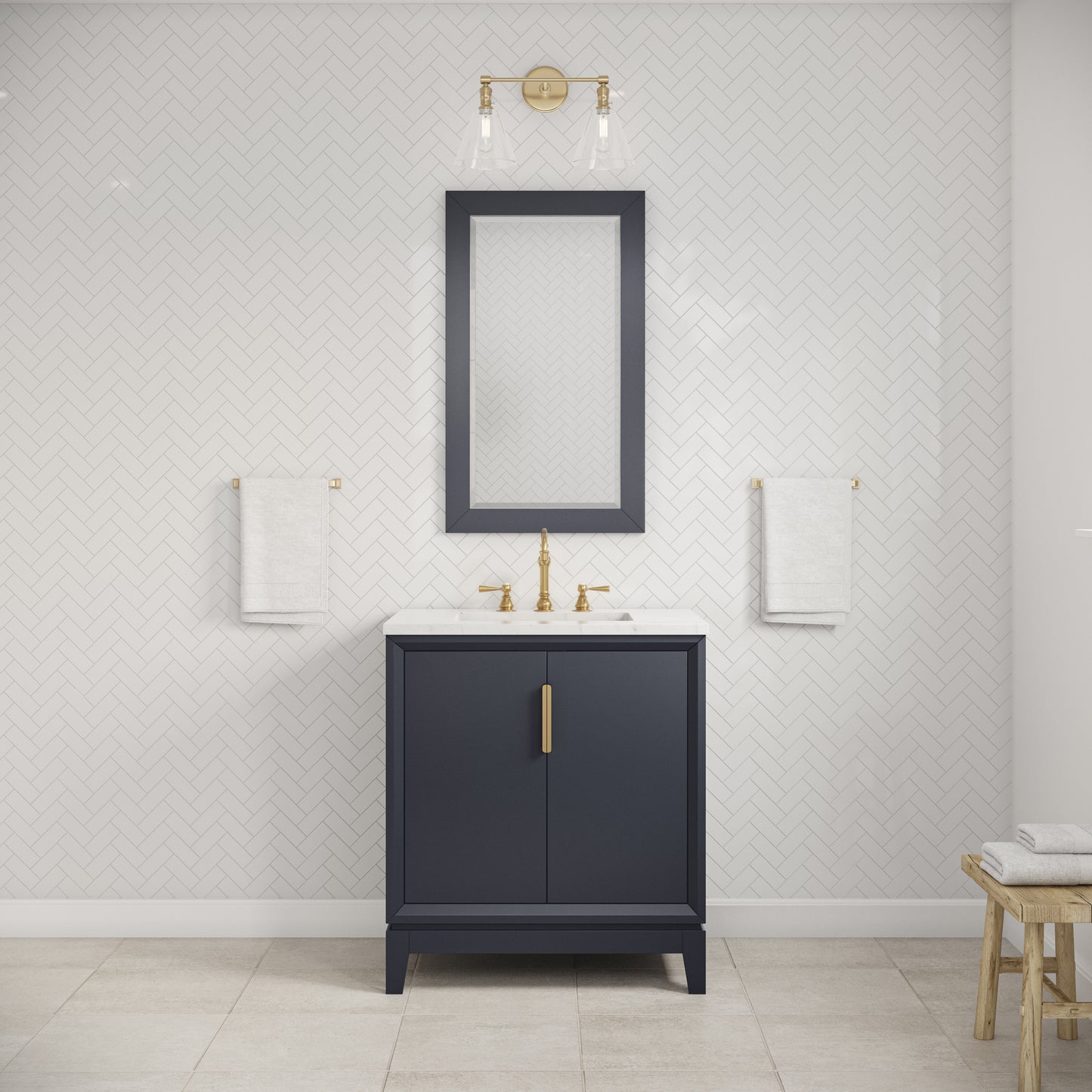 Elizabeth 30 in. Bath Vanity in Monarch Blue with Carrara White Marble Vanity Top with Ceramics White Basins | Water Creation