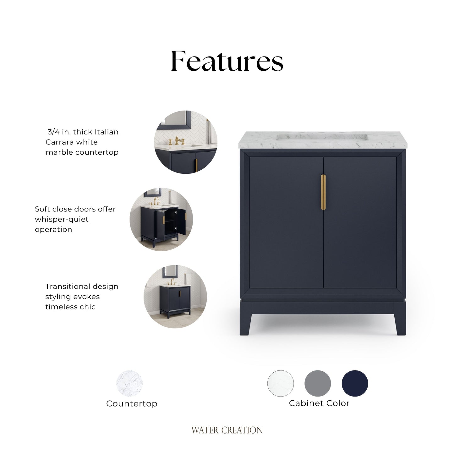 Elizabeth 30 in. Bath Vanity in Monarch Blue with Carrara White Marble Vanity Top with Ceramics White Basins | Water Creation