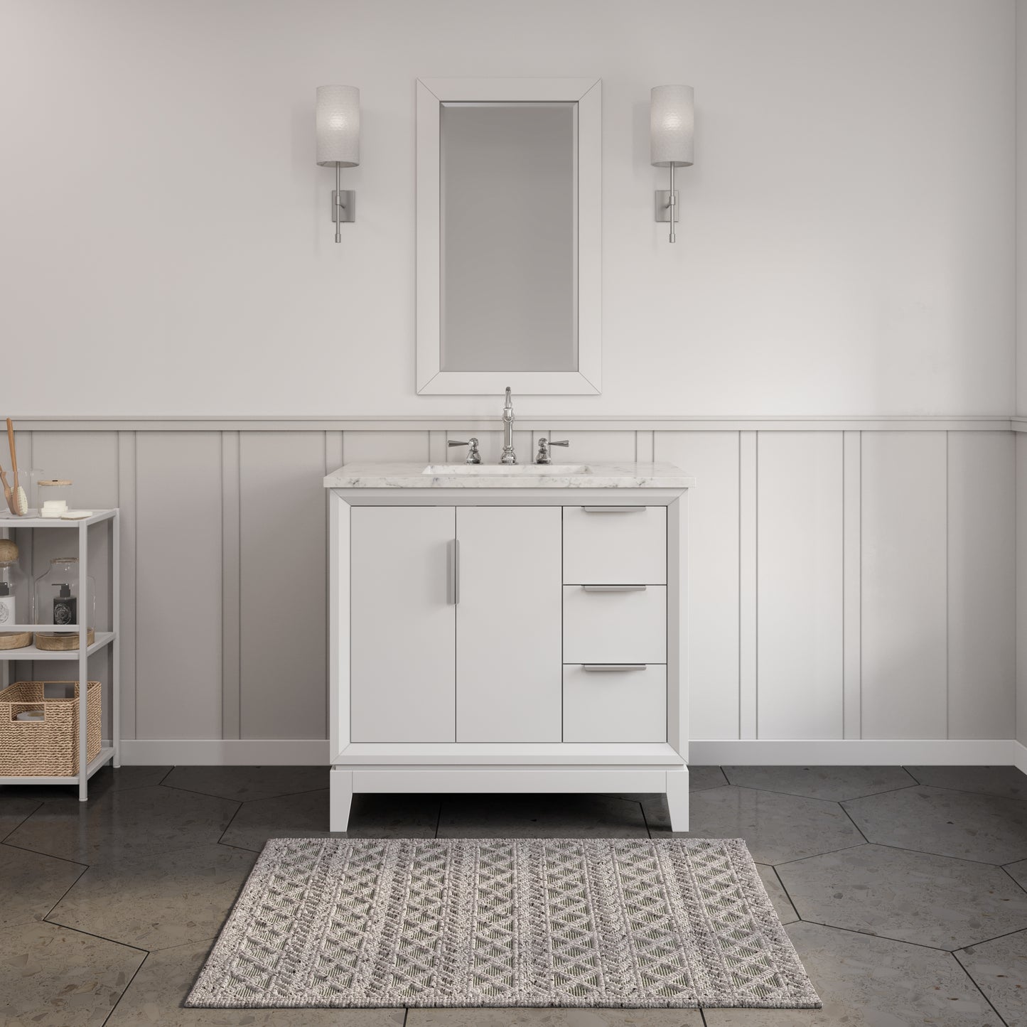 Elizabeth Collection 36 in. Bath Vanity in Pure White With Vanity Top in Carrara White Marble - Vanity Only | Water Creation