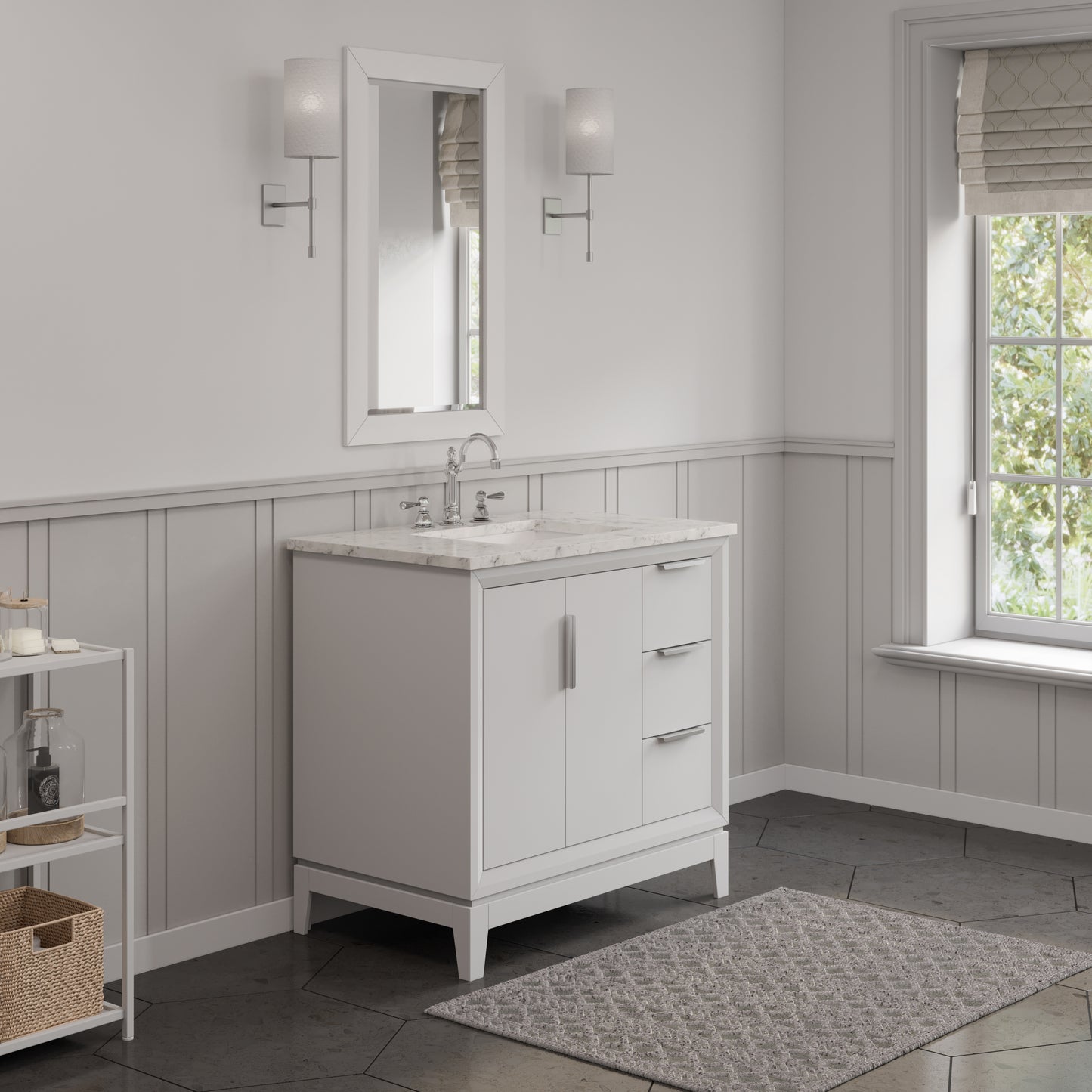 Elizabeth Collection 36 in. Bath Vanity in Pure White With Vanity Top in Carrara White Marble - Vanity Only | Water Creation