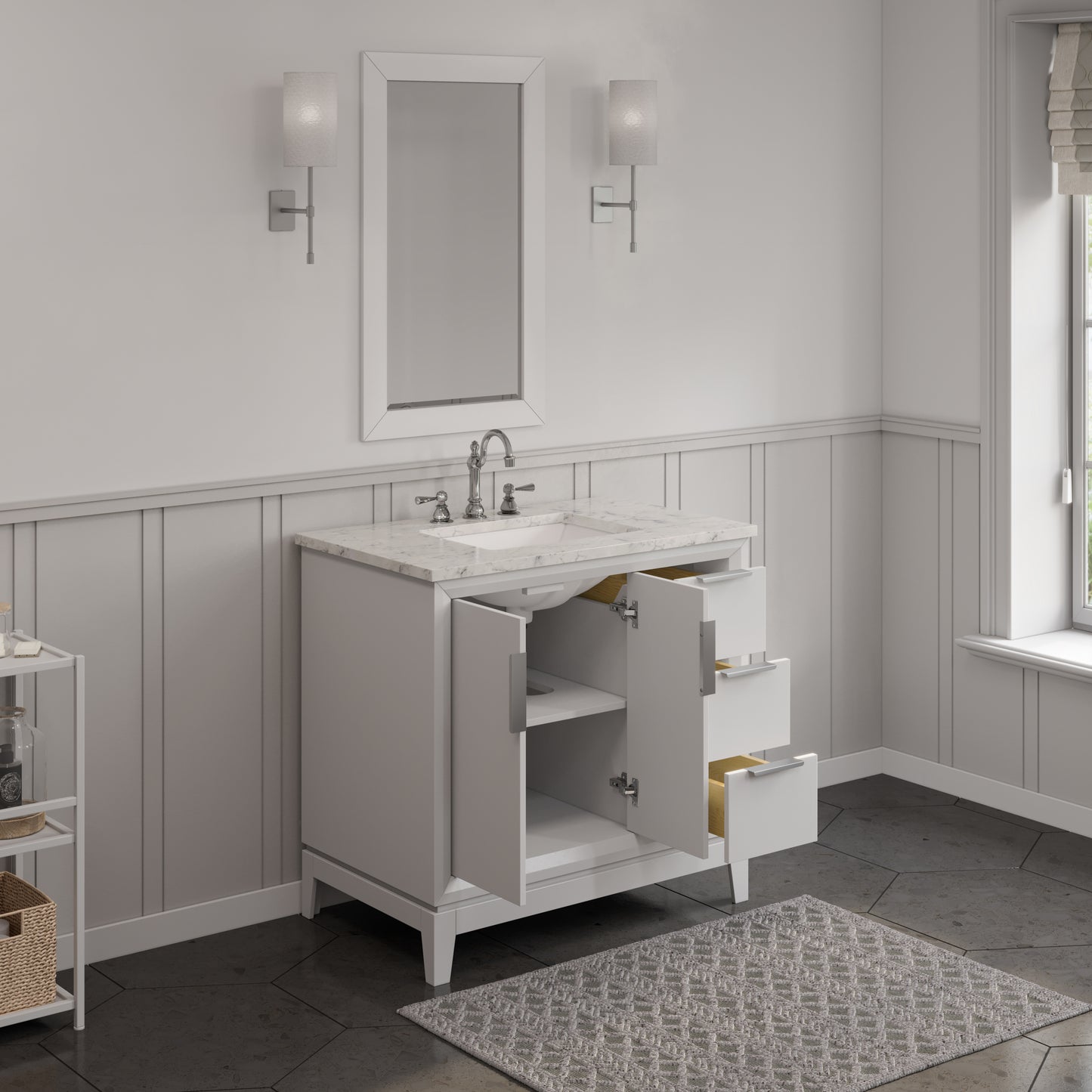 Elizabeth Collection 36 in. Bath Vanity in Pure White With Vanity Top in Carrara White Marble - Vanity Only | Water Creation