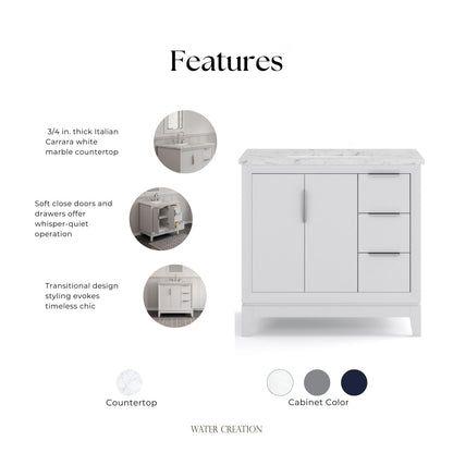 Elizabeth Collection 36 in. Bath Vanity in Pure White With Vanity Top in Carrara White Marble - Vanity Only | Water Creation