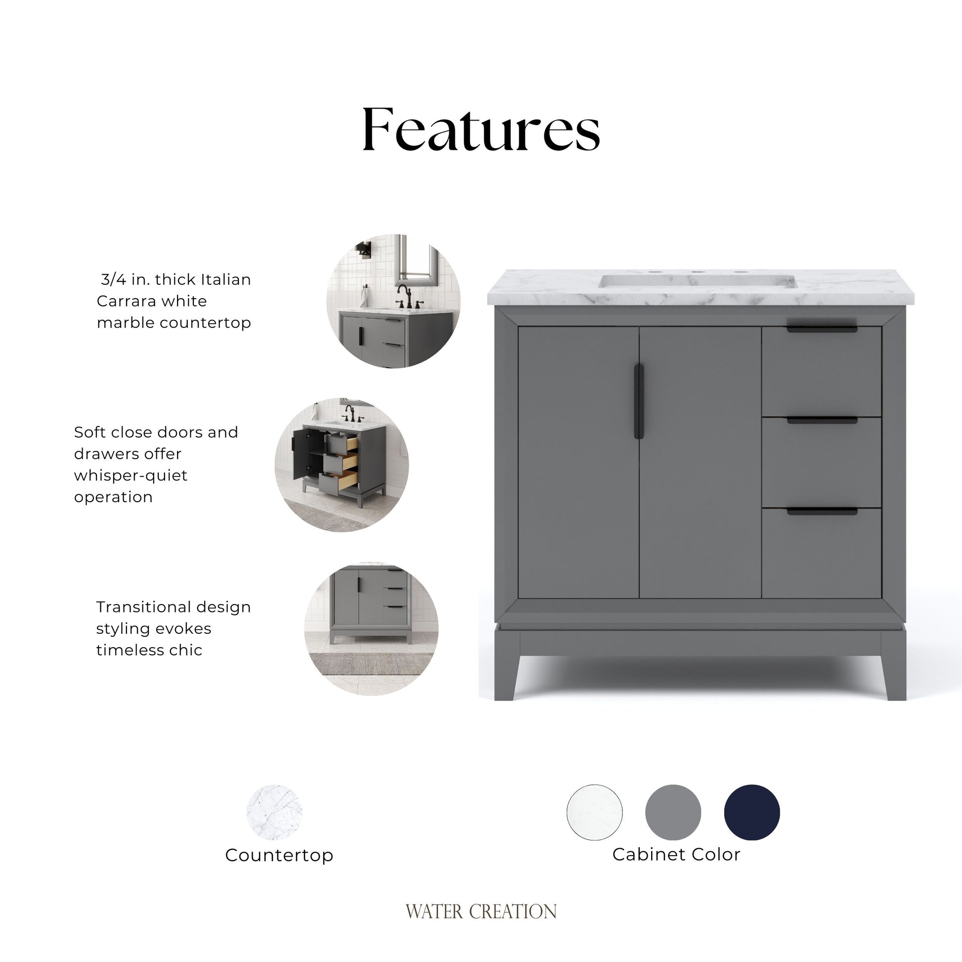 Elizabeth Collection 36 in. Bath Vanity in Cashmere Grey With Vanity Top in Carrara White Marble - Vanity Only | Water Creation