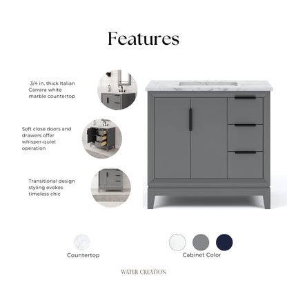Elizabeth Collection 36 in. Bath Vanity in Cashmere Grey With Vanity Top in Carrara White Marble - Vanity Only | Water Creation
