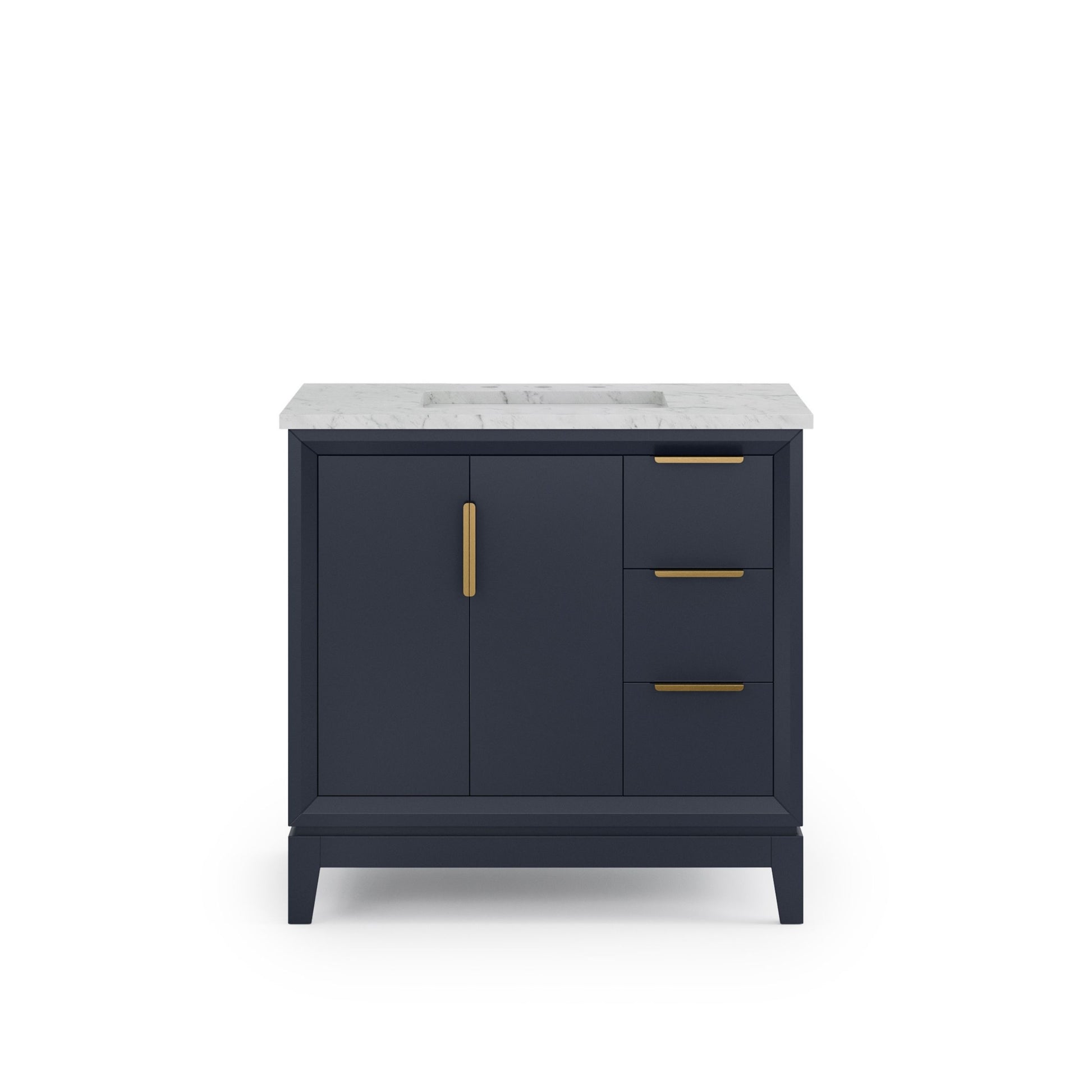 Elizabeth 36 in. Bath Vanity in Monarch Blue with Carrara White Marble Vanity Top with Ceramics White Basins | Water Creation