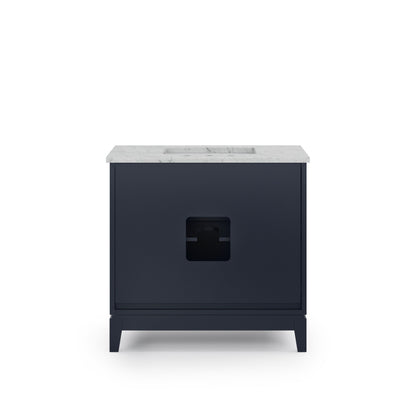 Elizabeth 36 in. Bath Vanity in Monarch Blue with Carrara White Marble Vanity Top with Ceramics White Basins | Water Creation
