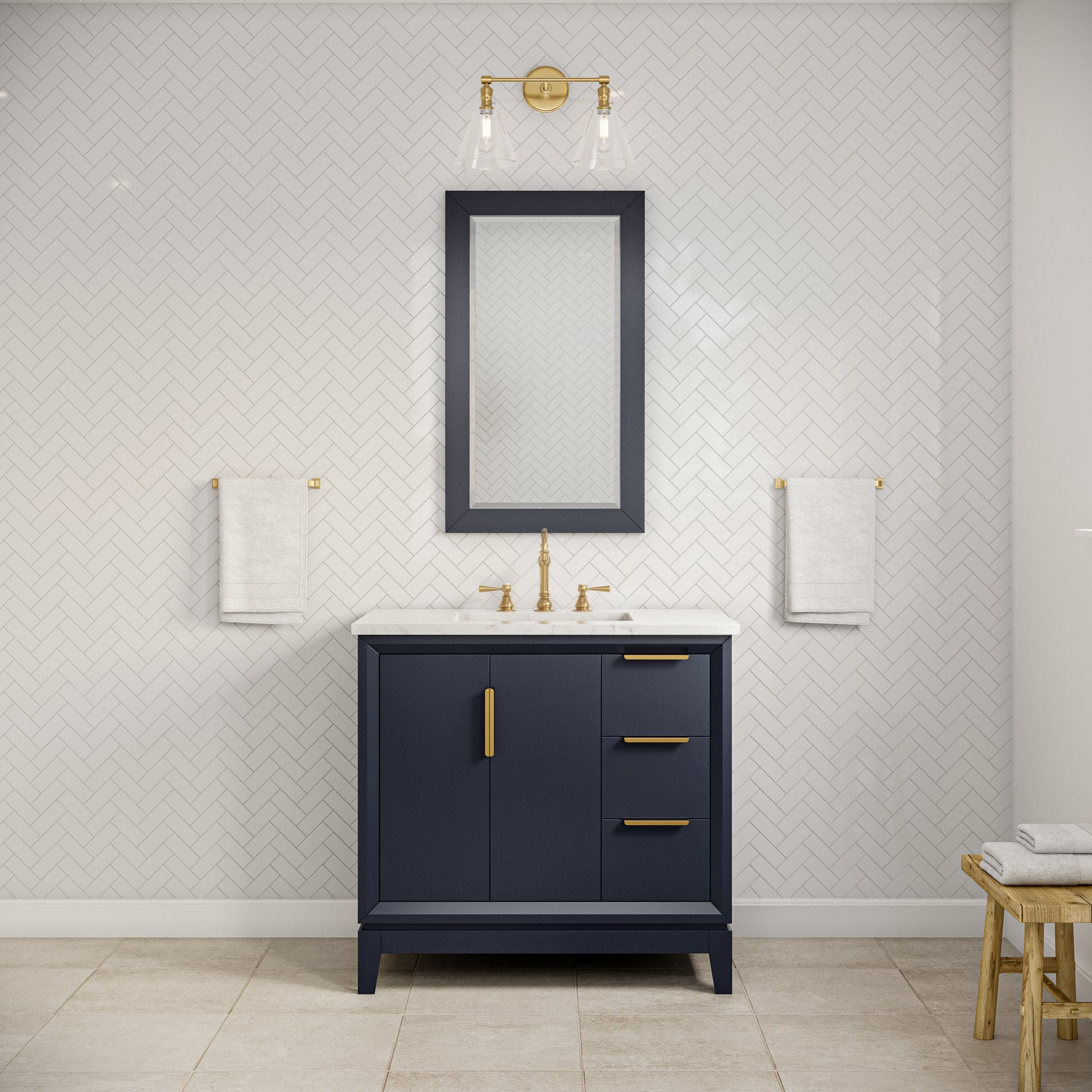 Elizabeth 36 in. Bath Vanity in Monarch Blue with Carrara White Marble Vanity Top with Ceramics White Basins | Water Creation