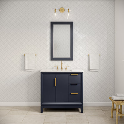 Elizabeth 36 in. Bath Vanity in Monarch Blue with Carrara White Marble Vanity Top with Ceramics White Basins | Water Creation