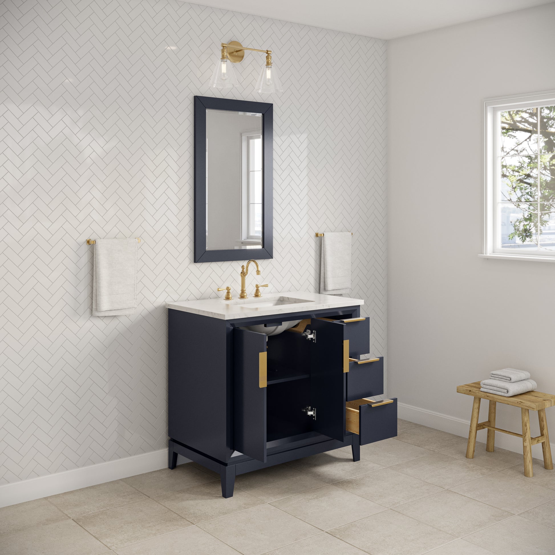 Elizabeth 36 in. Bath Vanity in Monarch Blue with Carrara White Marble Vanity Top with Ceramics White Basins | Water Creation