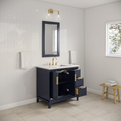 Elizabeth 36 in. Bath Vanity in Monarch Blue with Carrara White Marble Vanity Top with Ceramics White Basins | Water Creation