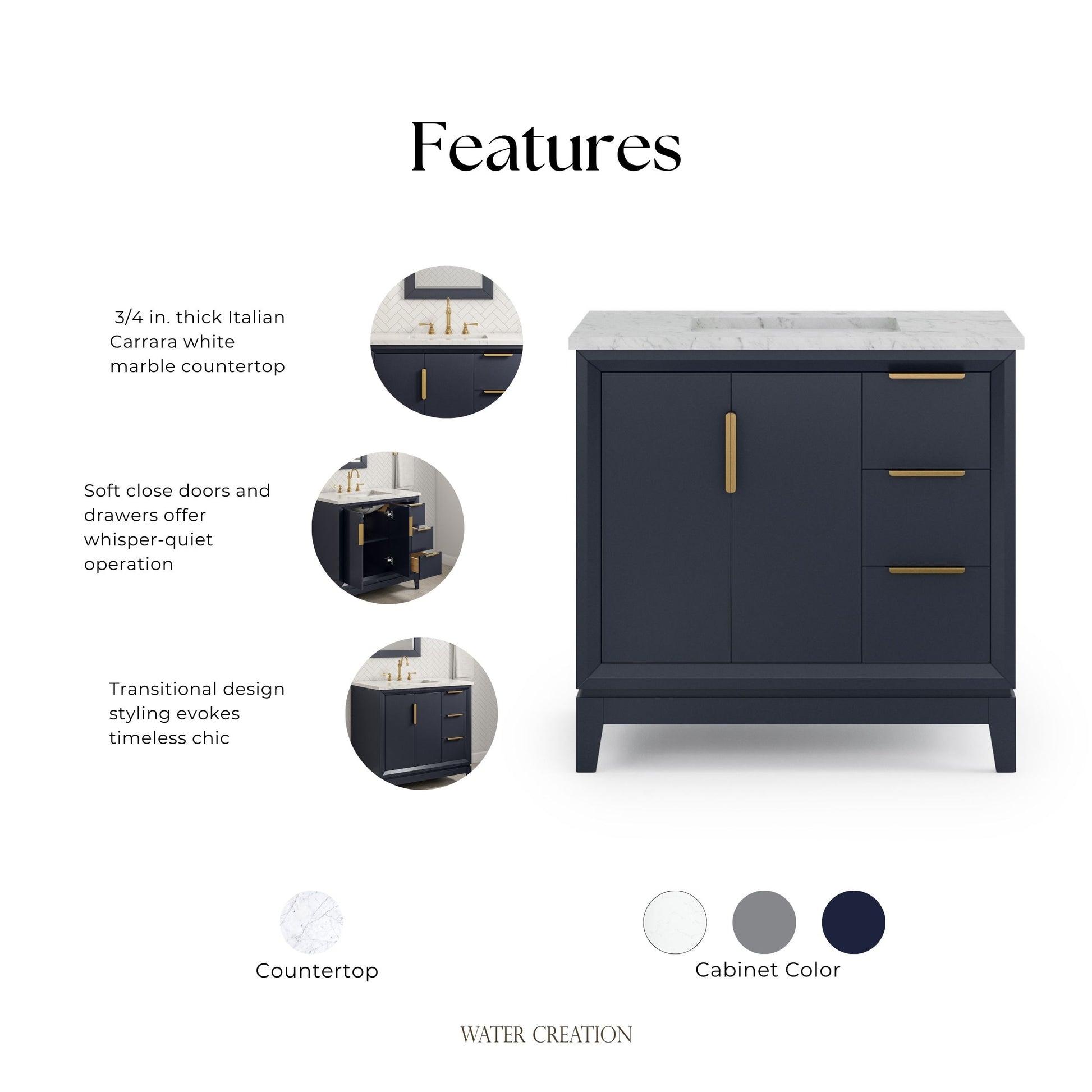 Elizabeth 36 in. Bath Vanity in Monarch Blue with Carrara White Marble Vanity Top with Ceramics White Basins | Water Creation
