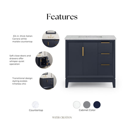 Elizabeth 36 in. Bath Vanity in Monarch Blue with Carrara White Marble Vanity Top with Ceramics White Basins | Water Creation