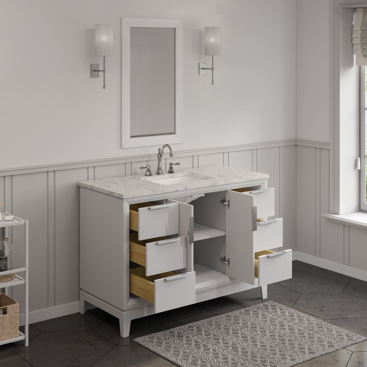 Elizabeth Collection 48 in. Bath Vanity in Pure White With Vanity Top in Carrara White Marble - Vanity Only | Water Creation