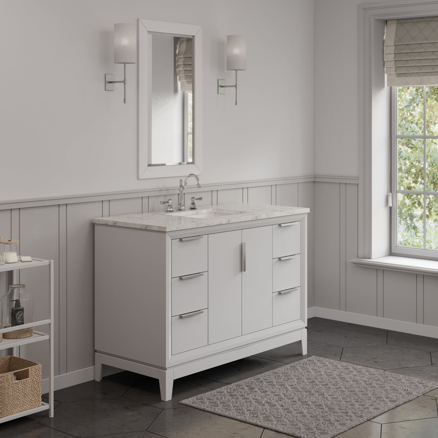 Elizabeth Collection 48 in. Bath Vanity in Pure White With Vanity Top in Carrara White Marble - Vanity Only | Water Creation