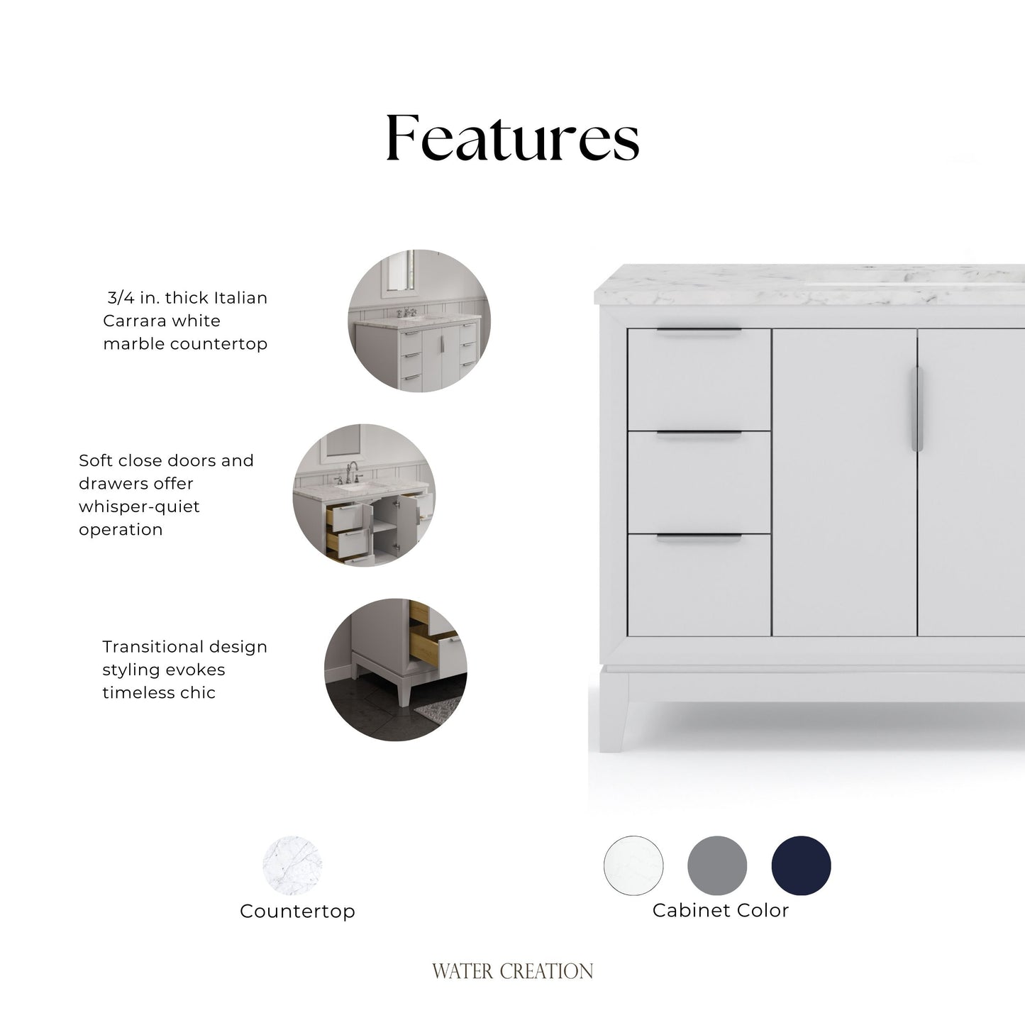 Elizabeth Collection 48 in. Bath Vanity in Pure White With Vanity Top in Carrara White Marble - Vanity Only | Water Creation