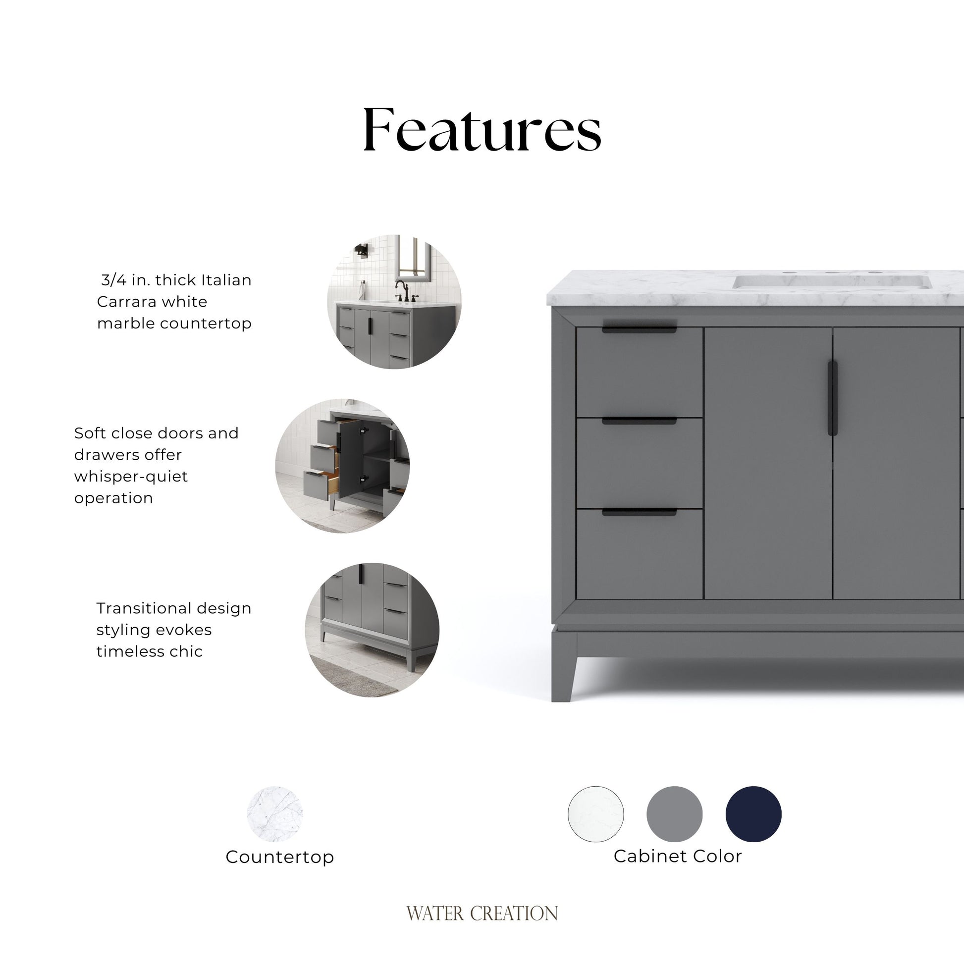 Elizabeth Collection 48 in. Bath Vanity in Cashmere Grey With Vanity Top in Carrara White Marble - Vanity Only | Water Creation