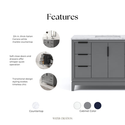 Elizabeth Collection 48 in. Bath Vanity in Cashmere Grey With Vanity Top in Carrara White Marble - Vanity Only | Water Creation