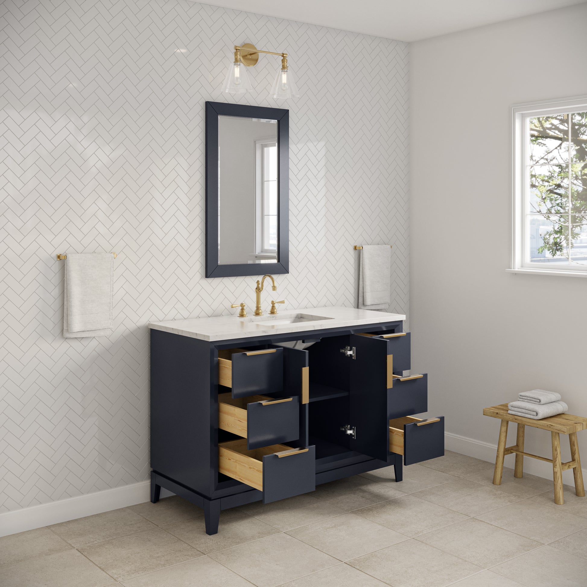 Elizabeth 48 in. Monarch Blue With Carrara White Marble Vanity Top With Ceramics White Basins | Water Creation