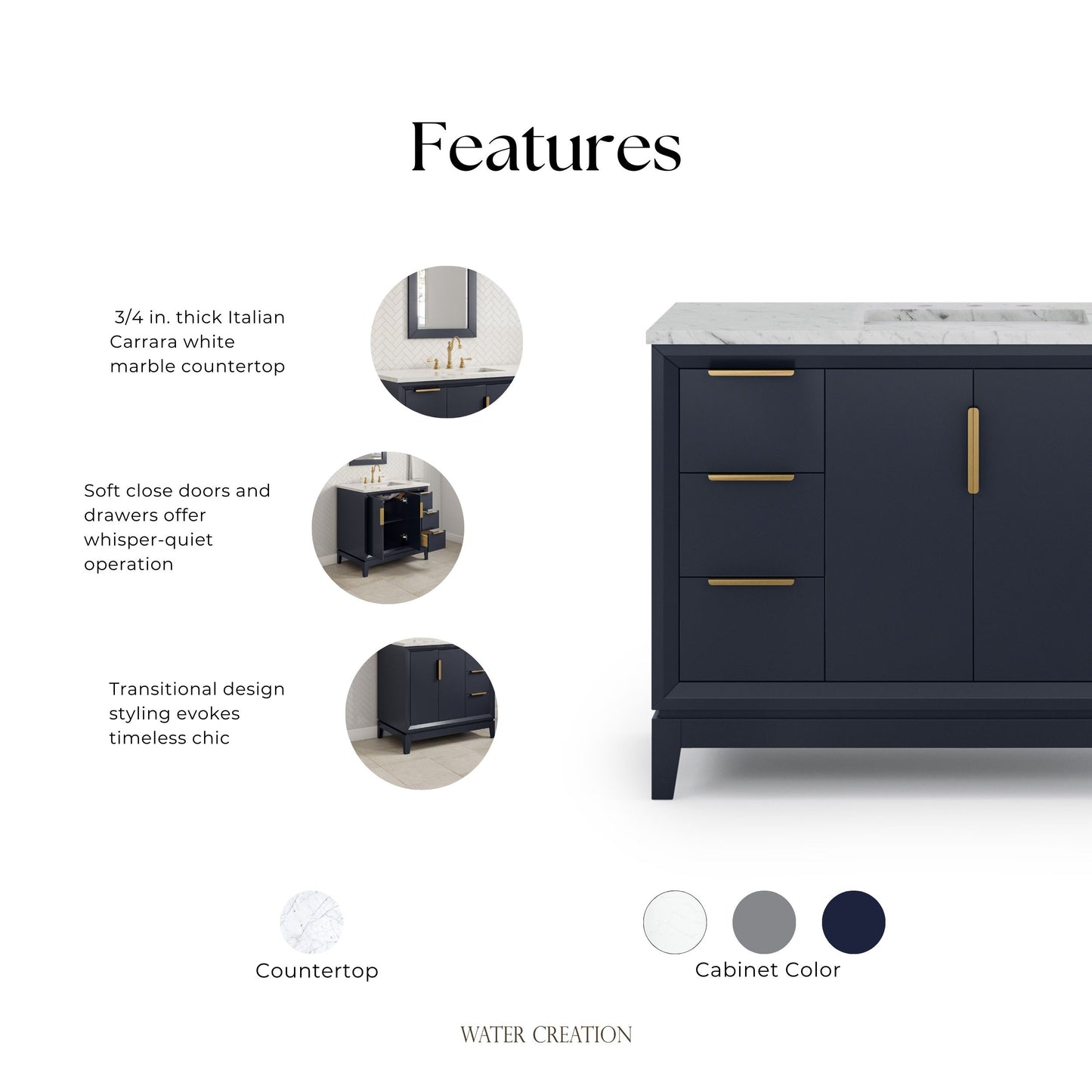 Elizabeth 48 in. Monarch Blue With Carrara White Marble Vanity Top With Ceramics White Basins | Water Creation