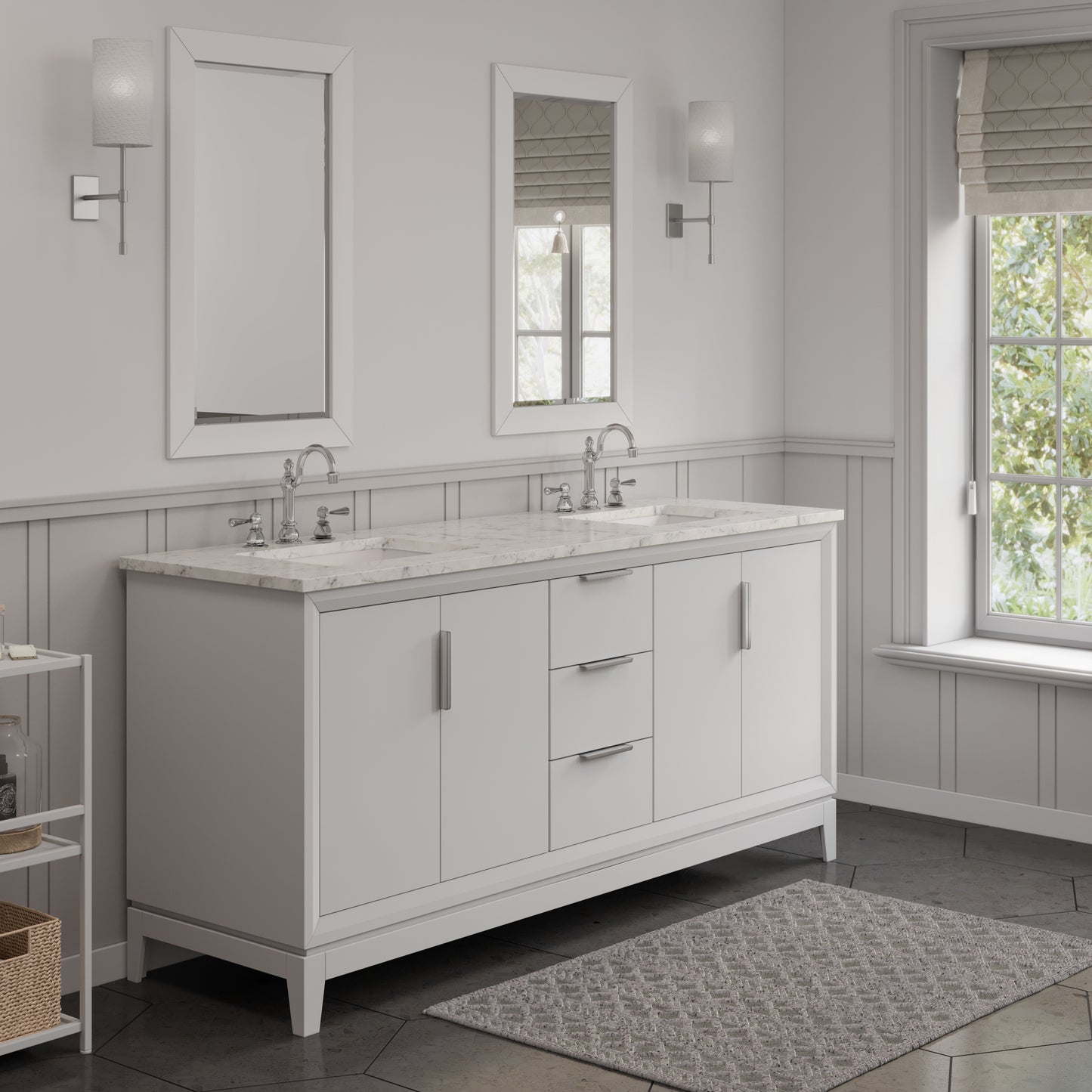Elizabeth 72 in. Pure White With Carrara White Marble Vanity Top With Ceramics White Basins | Water Creation