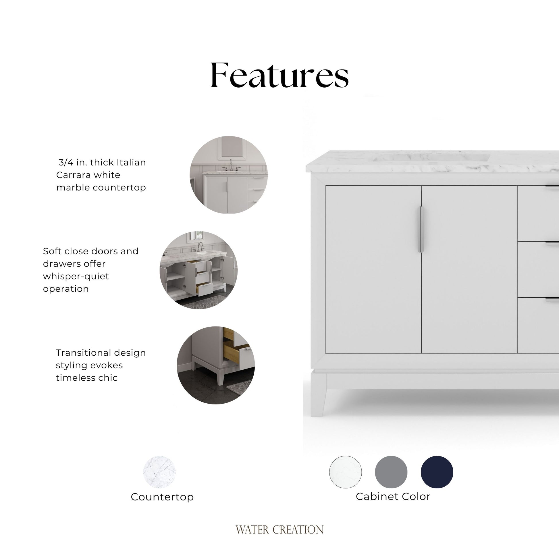 Elizabeth 72 in. Pure White With Carrara White Marble Vanity Top With Ceramics White Basins | Water Creation