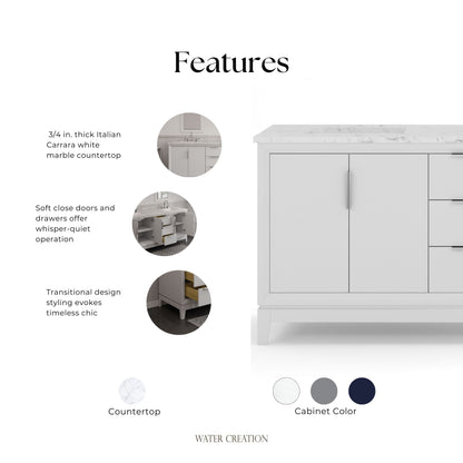 Elizabeth 72 in. Pure White With Carrara White Marble Vanity Top With Ceramics White Basins | Water Creation