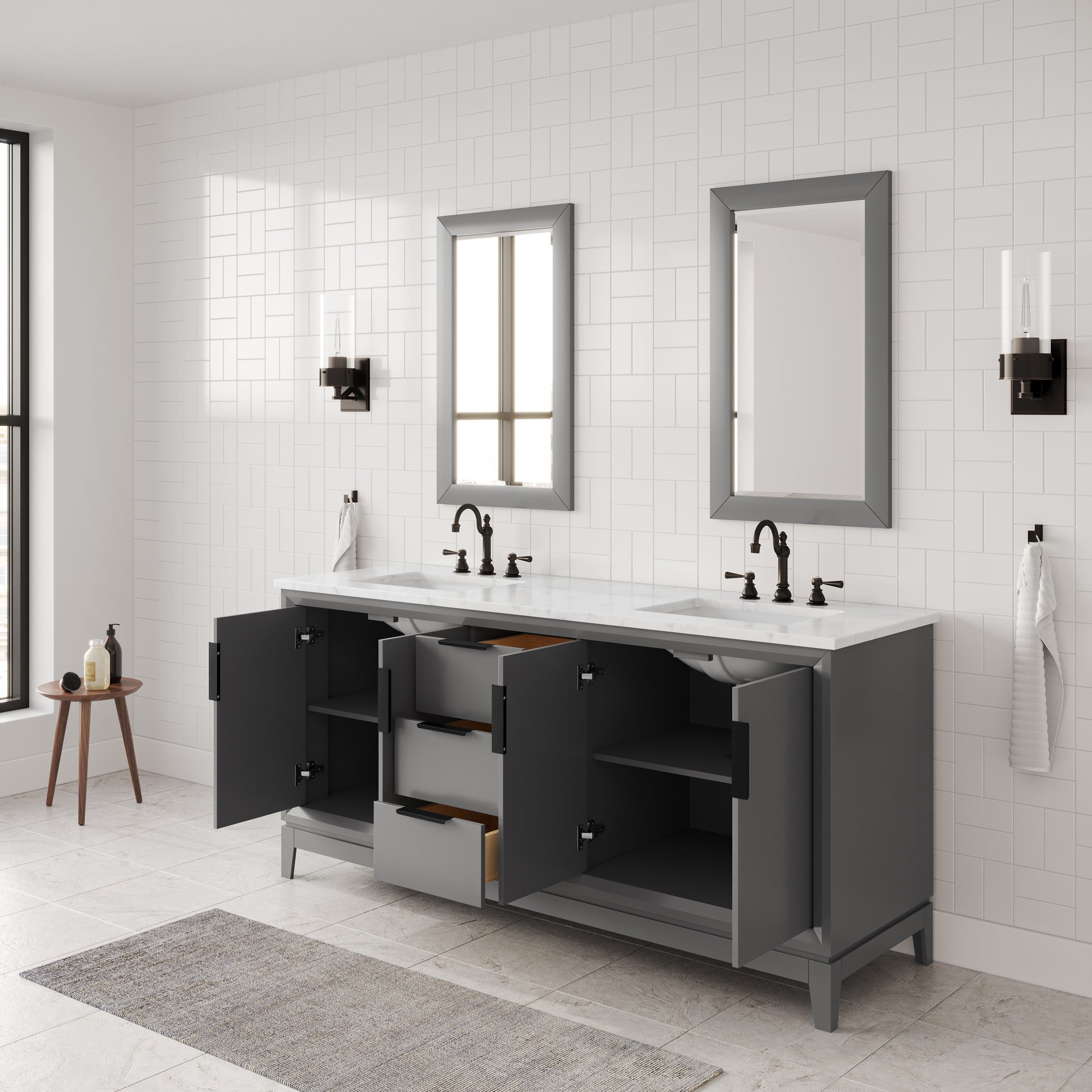 Elizabeth 72 in. Cashmere Grey With Carrara White Marble Vanity Top With Ceramics White Basins | Water Creation