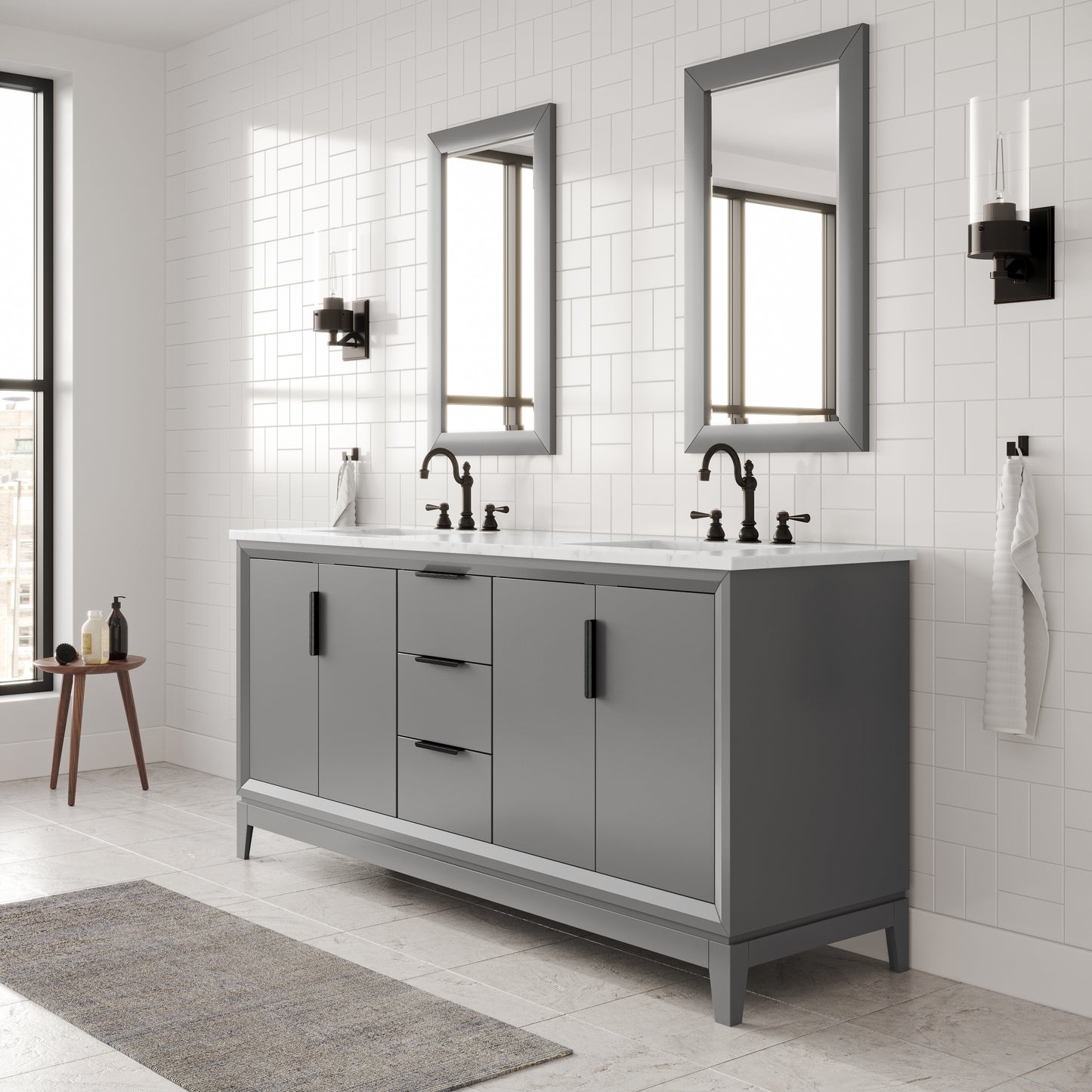 Elizabeth 72 in. Cashmere Grey With Carrara White Marble Vanity Top With Ceramics White Basins | Water Creation