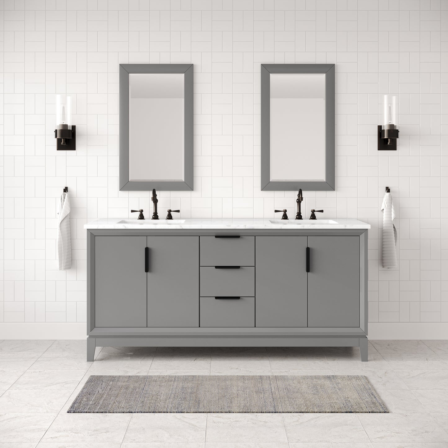 Elizabeth 72 in. Cashmere Grey With Carrara White Marble Vanity Top With Ceramics White Basins | Water Creation