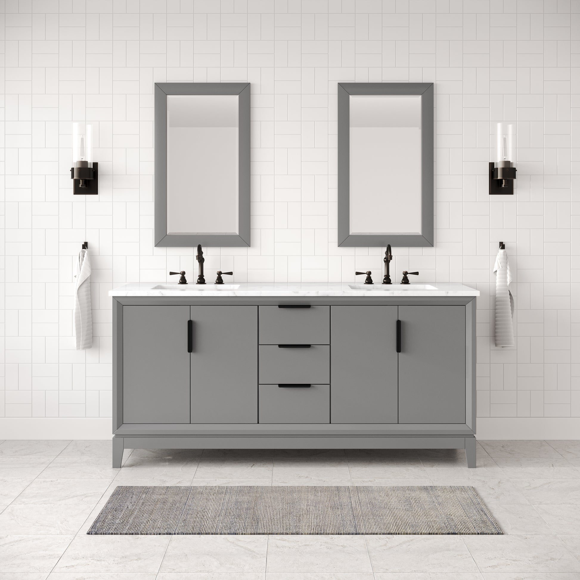 Elizabeth 72 in. Cashmere Grey With Carrara White Marble Vanity Top With Ceramics White Basins | Water Creation
