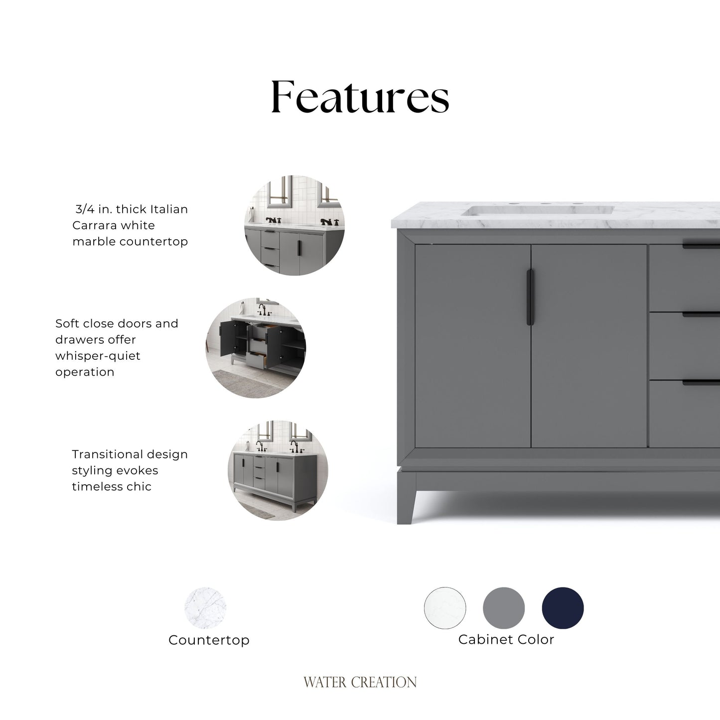 Elizabeth 72 in. Cashmere Grey With Carrara White Marble Vanity Top With Ceramics White Basins | Water Creation