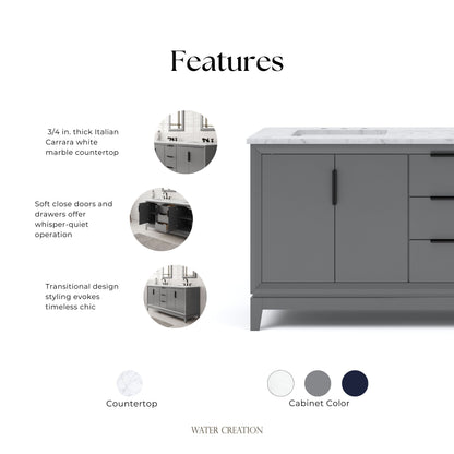 Elizabeth 72 in. Cashmere Grey With Carrara White Marble Vanity Top With Ceramics White Basins | Water Creation