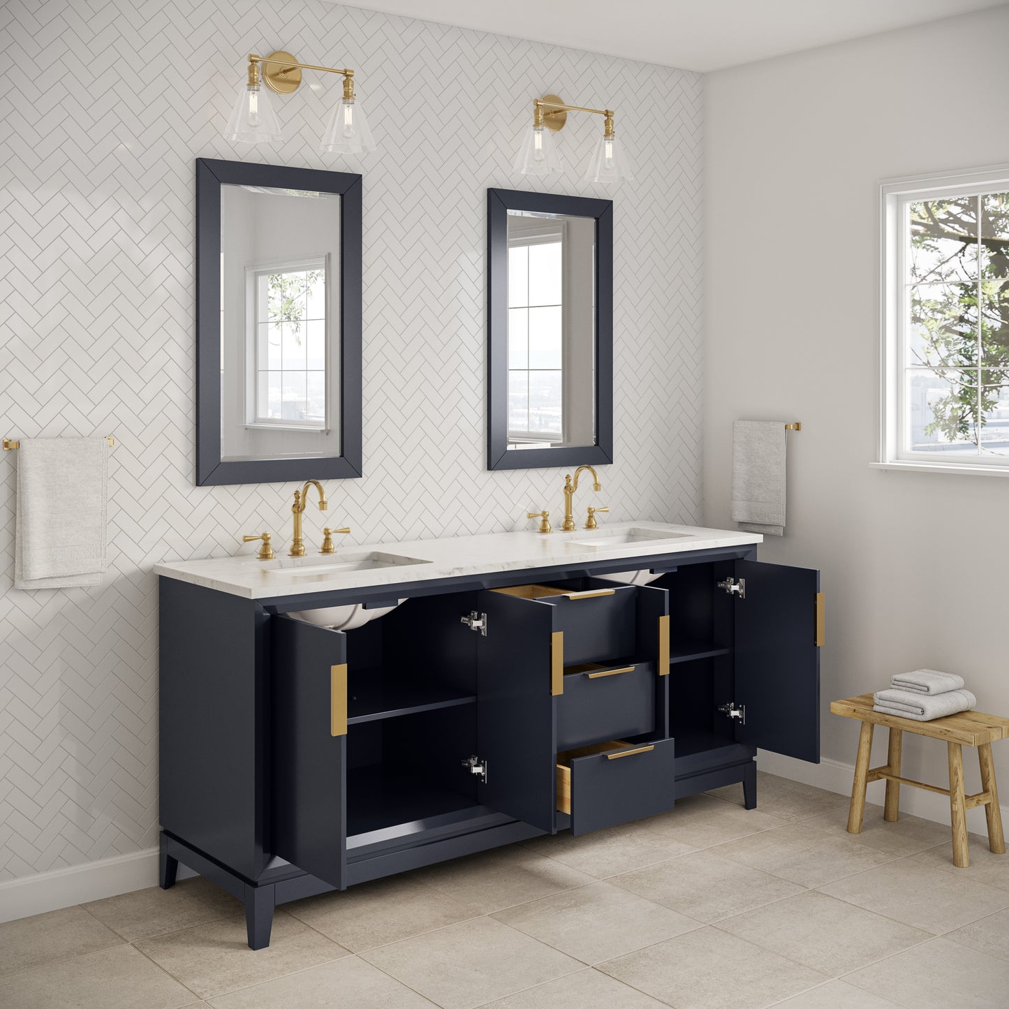 Elizabeth 72 in. Monarch Blue With Carrara White Marble Vanity Top With Ceramics White Basins | Water Creation