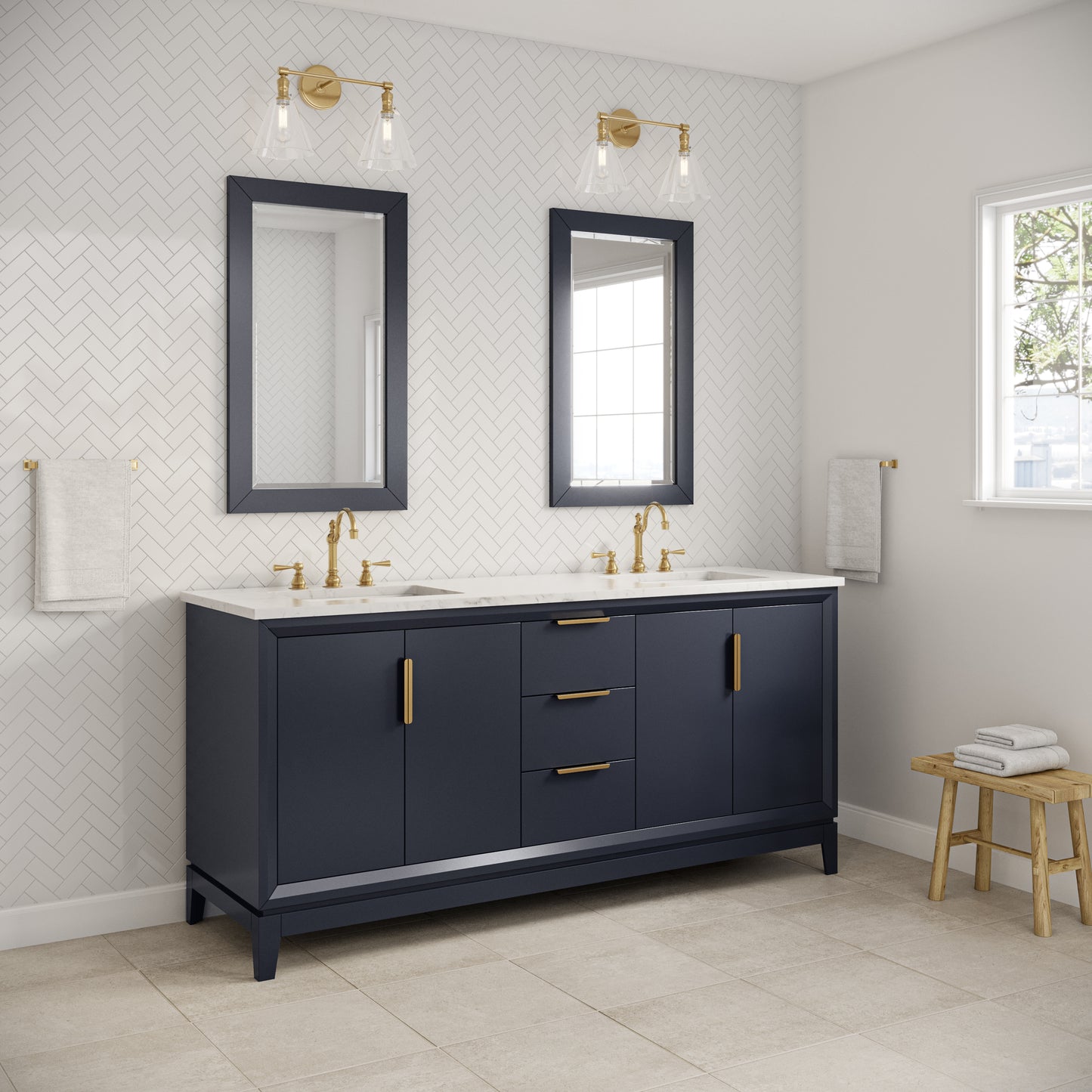 Elizabeth 72 in. Monarch Blue With Carrara White Marble Vanity Top With Ceramics White Basins | Water Creation
