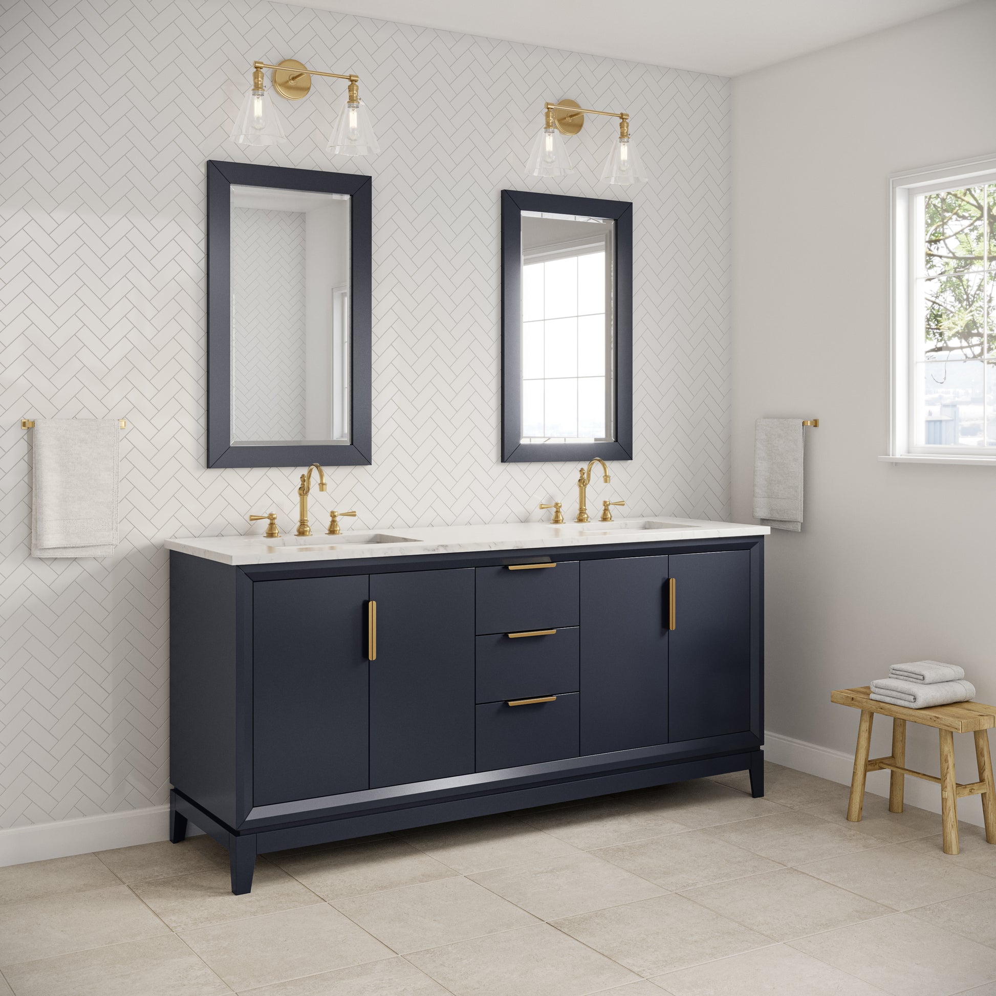 Elizabeth 72 in. Monarch Blue With Carrara White Marble Vanity Top With Ceramics White Basins | Water Creation