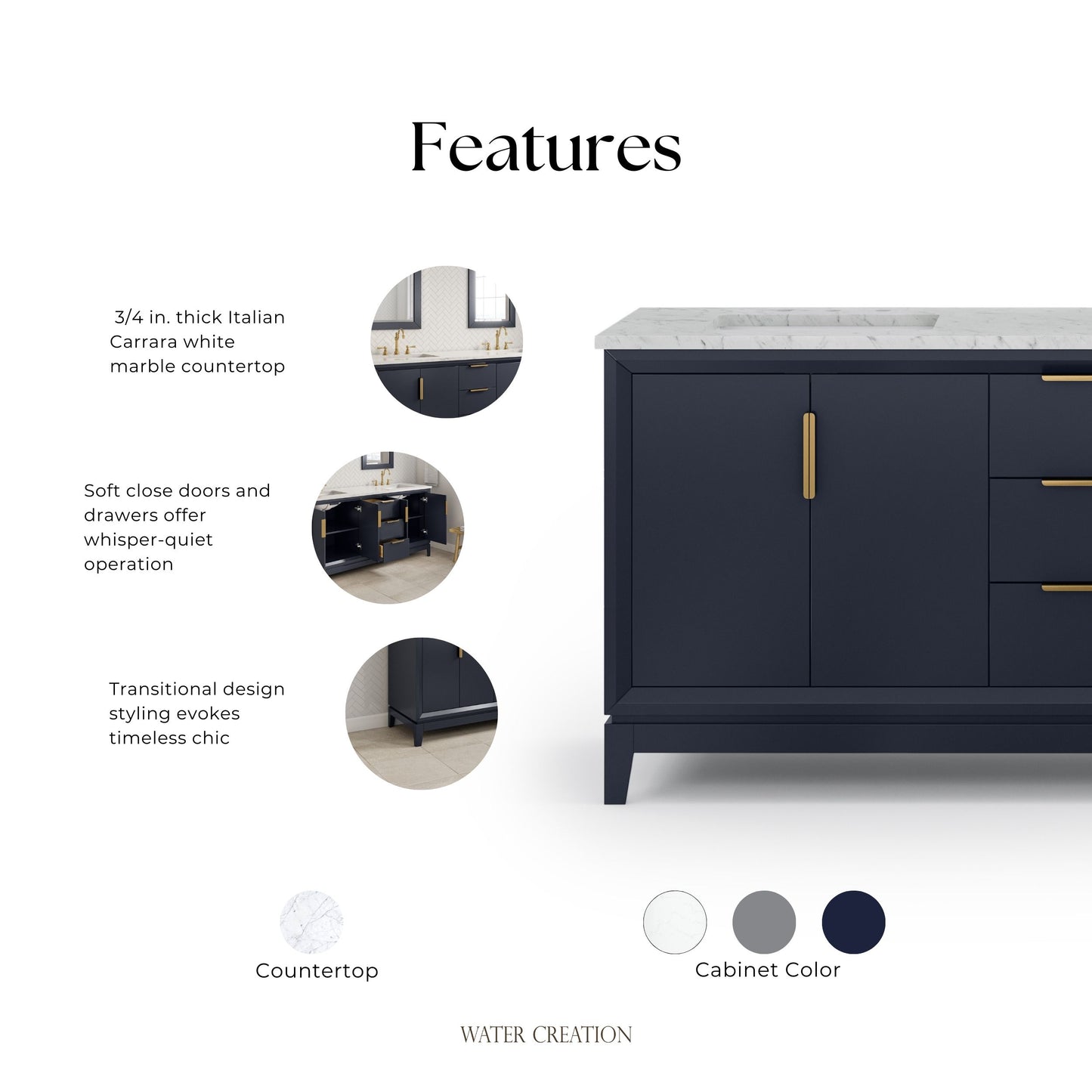Elizabeth 72 in. Monarch Blue With Carrara White Marble Vanity Top With Ceramics White Basins | Water Creation