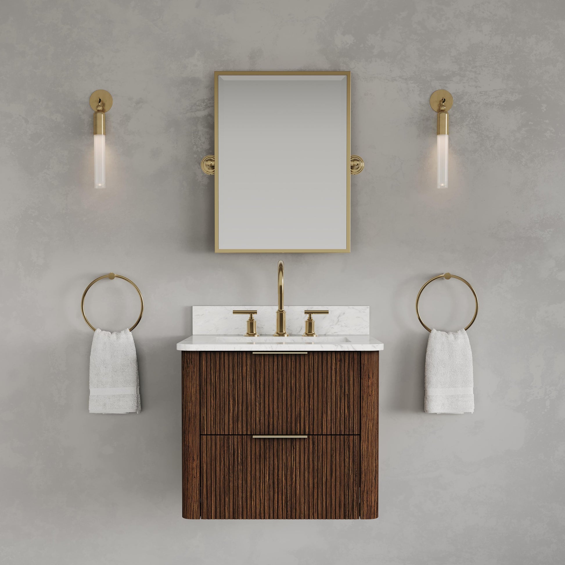 Eureka 24in Single Sink Freestanding Truffle Oak Bath Vanity with Carrara White Engineered Stone Top Pre-Assembled | Water Creation