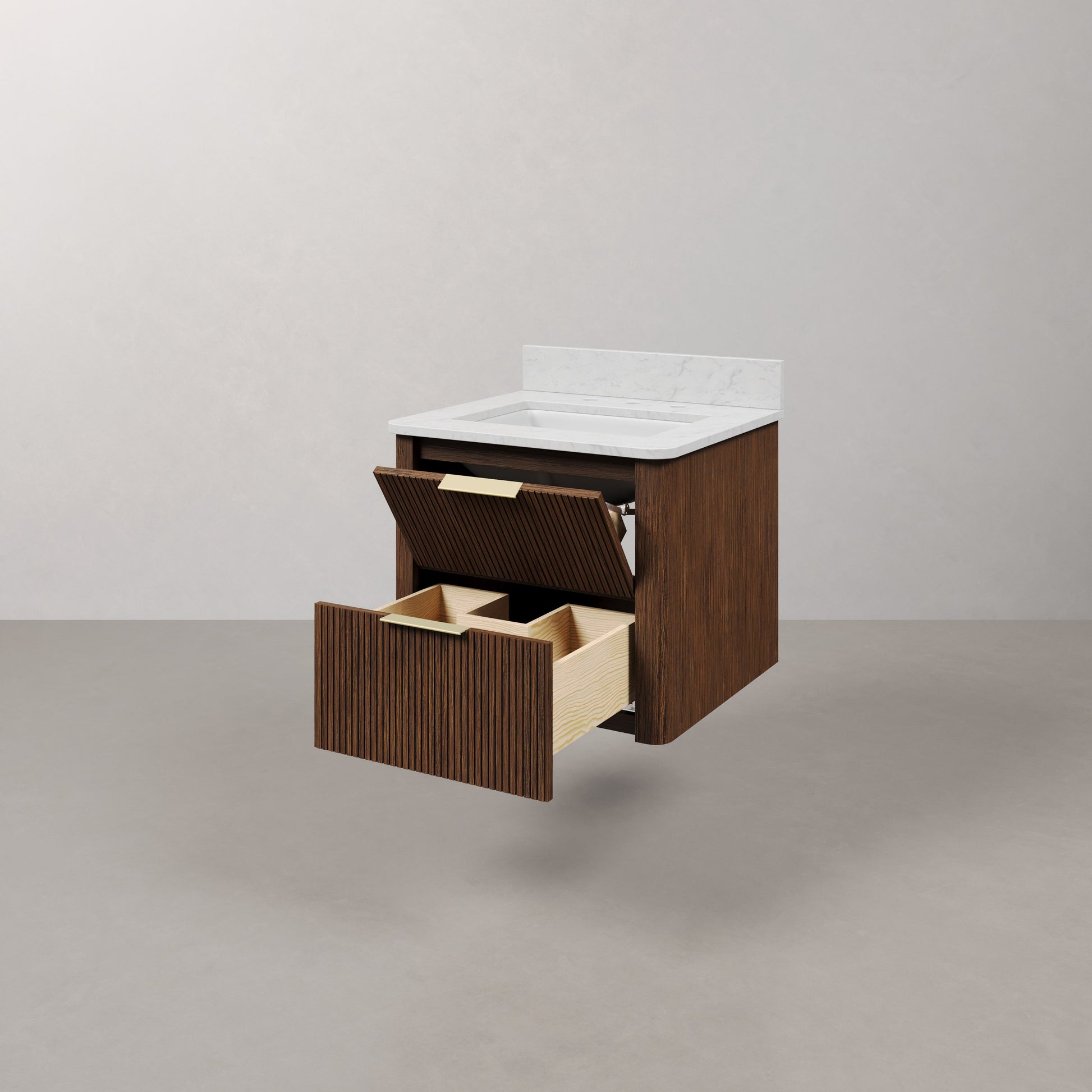 Eureka 24in Single Sink Freestanding Truffle Oak Bath Vanity with Carrara White Engineered Stone Top Pre-Assembled | Water Creation