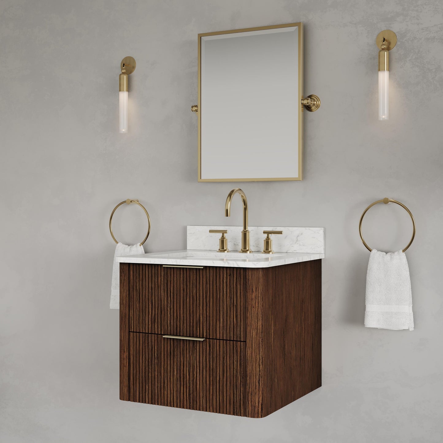 Eureka 24in Single Sink Freestanding Truffle Oak Bath Vanity with Carrara White Engineered Stone Top Pre-Assembled | Water Creation