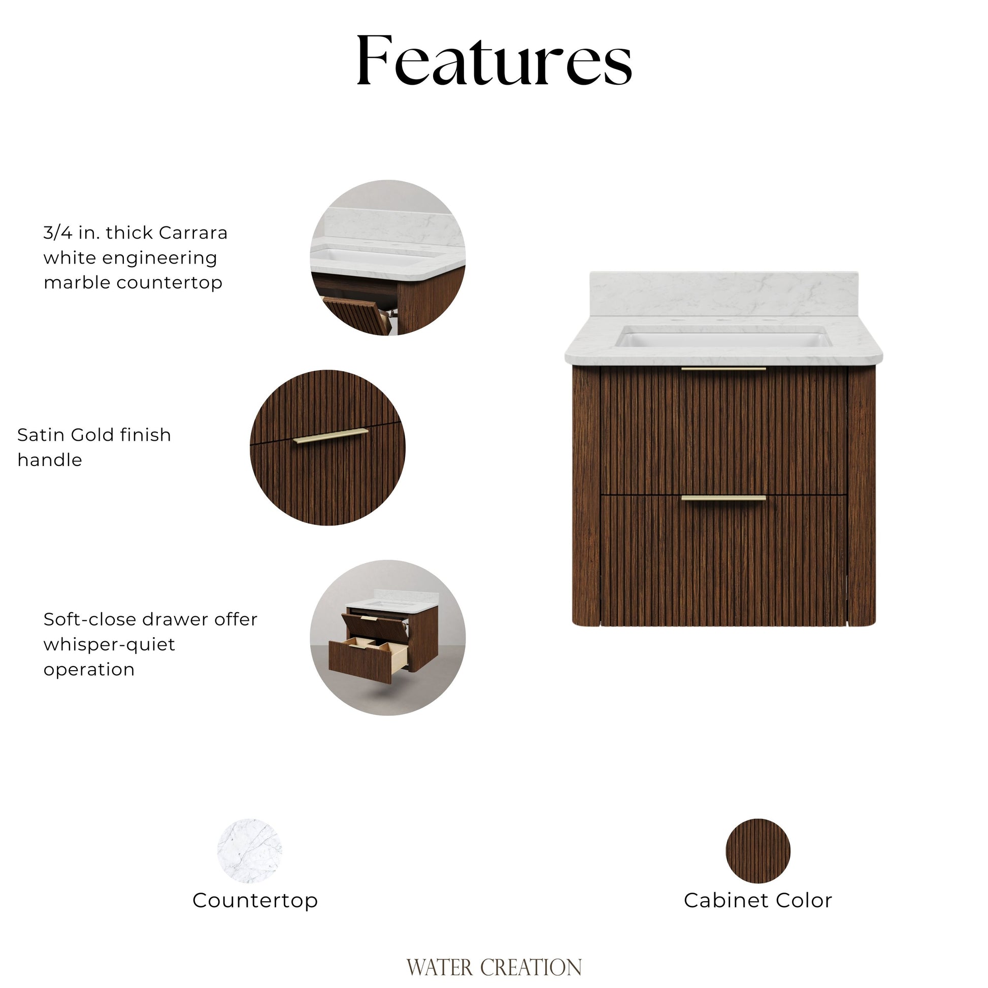 Eureka 24in Single Sink Freestanding Truffle Oak Bath Vanity with Carrara White Engineered Stone Top Pre-Assembled | Water Creation