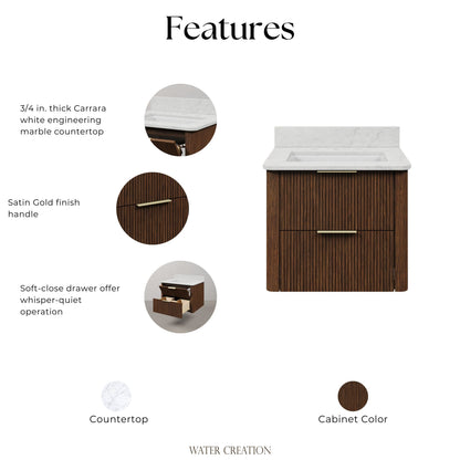 Eureka 24in Single Sink Freestanding Truffle Oak Bath Vanity with Carrara White Engineered Stone Top Pre-Assembled | Water Creation