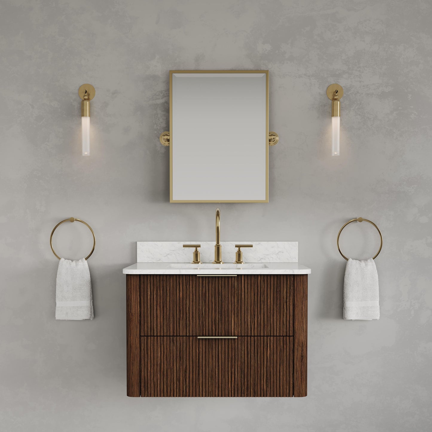Eureka 30in Single Sink Freestanding Truffle Oak Bath Vanity with Carrara White Engineered Stone Top Pre-Assembled | Water Creation